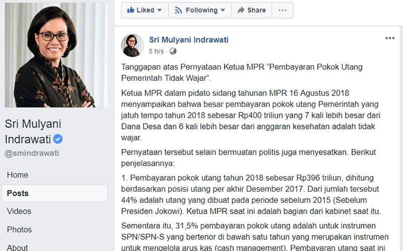 Lewat Facebook, Sri Mulyani Tanggapi Pernyataan Zulkifli Hasan