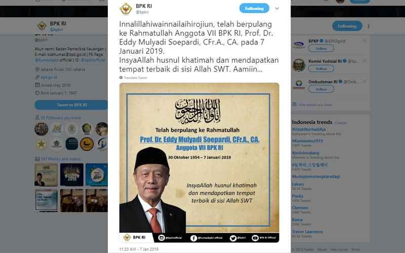 Kabar Duka, Anggota VII BPK Eddy Mulyadi Tutup Usia