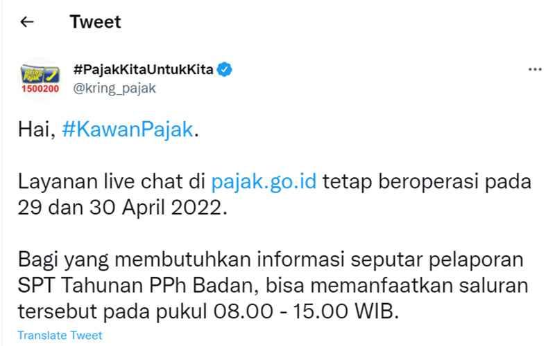 Catat! Layanan Live Chat DJP Tetap Tersedia pada 29-30 April 2022