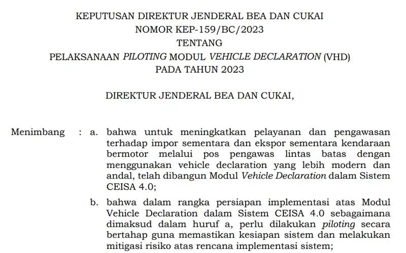 DJBC Mulai Uji Coba Modul Vehicle Declaration dalam Sistem CEISA 4.0