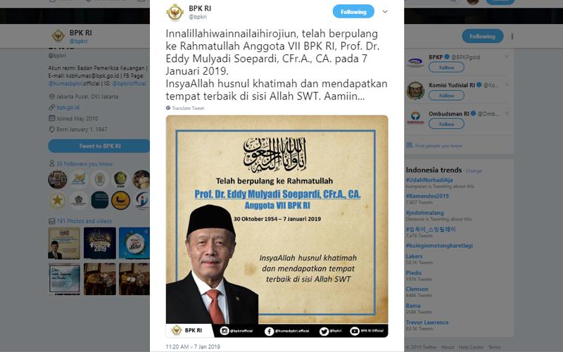 Kabar Duka, Anggota VII BPK Eddy Mulyadi Tutup Usia