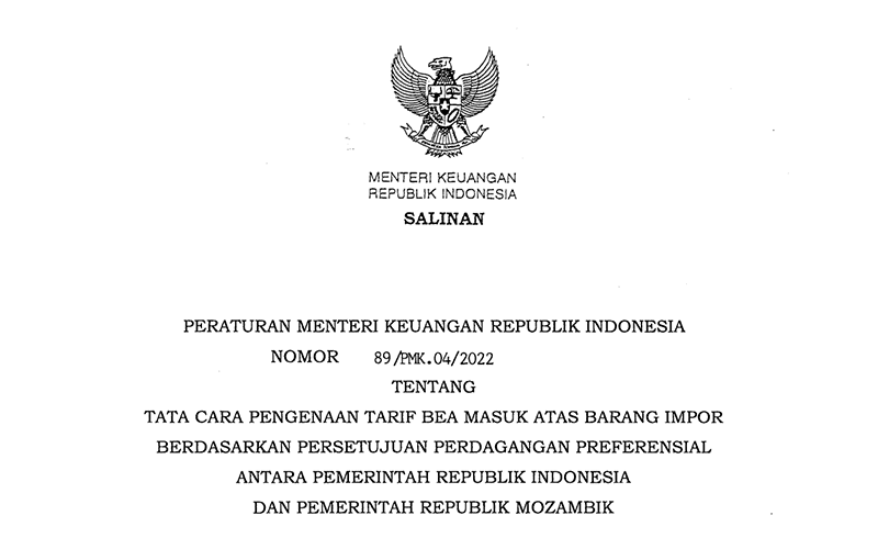 Menkeu Teken PMK Baru Pengenaan Tarif Preferensi Produk Asal Mozambik