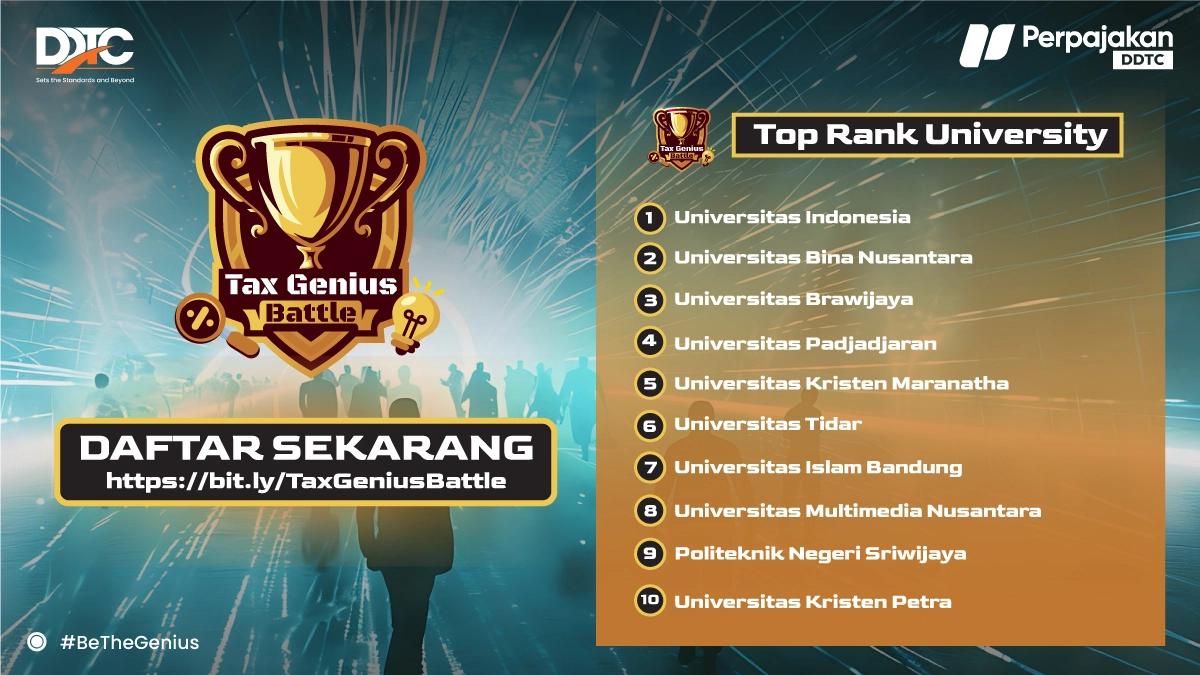 Peringkat Universitas di Kuis Tax Genius Battle Perpajakan DDTC