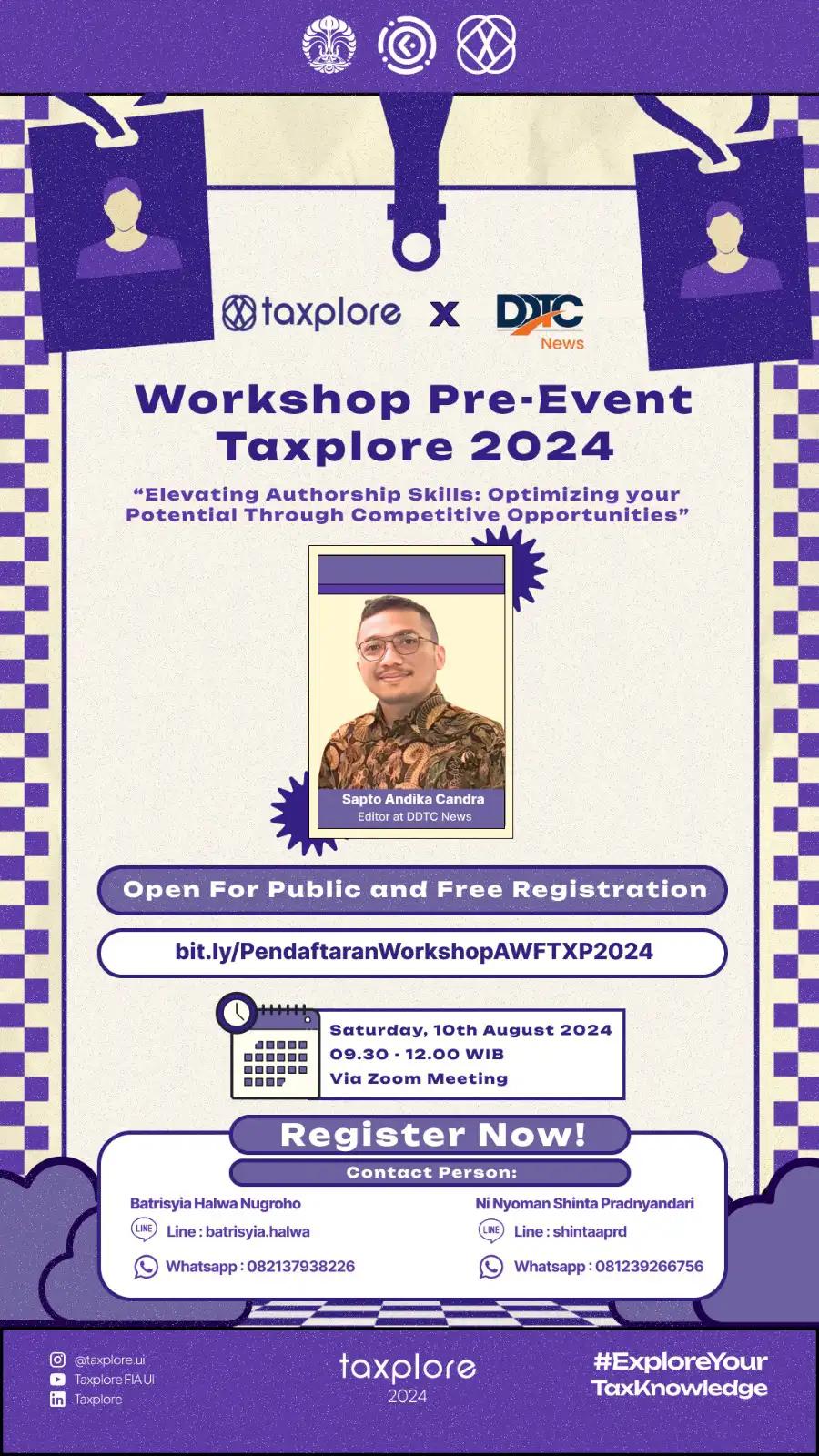 Taxplore 2024: Workshop Artikel Pajak Kostaf FIA UI dan DDTCNews, Mau?