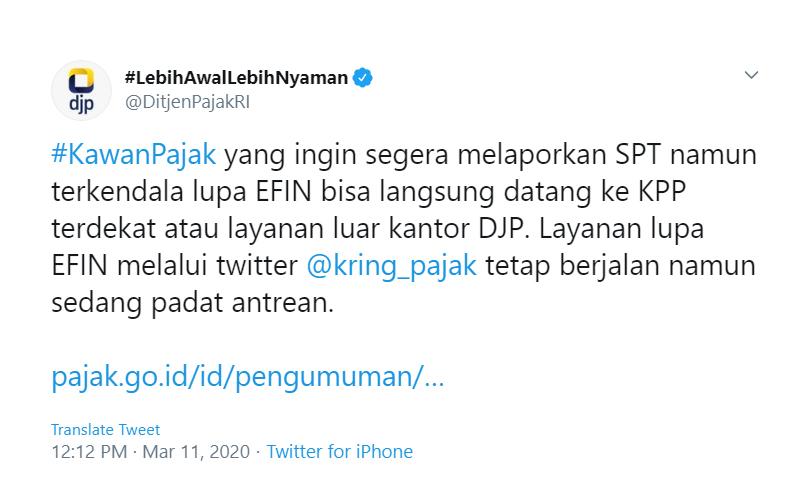 Antrean Layanan Lupa EFIN Lewat Twitter Padat, Ini Saran Ditjen Pajak