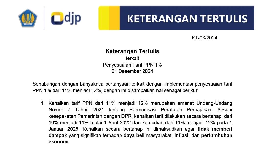 Lengkap, 17 Poin Keterangan Tertulis DJP Hari Ini Soal PPN 12%